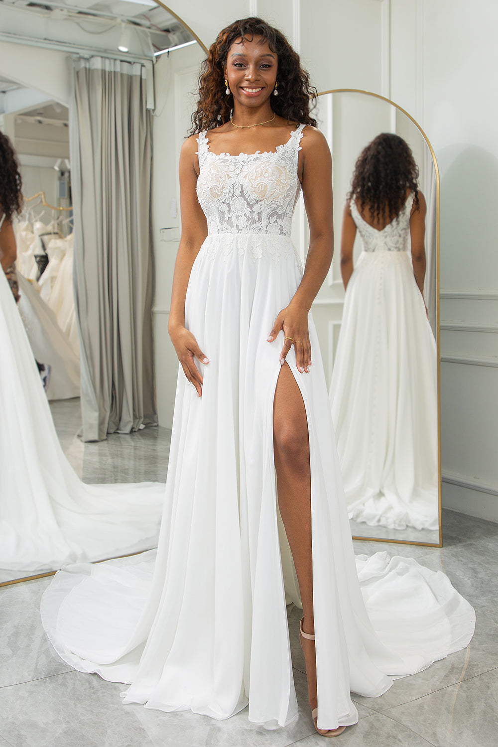 A Line Backless Beach Wedding Dress V Neck Sequins Ivory Wedding Gowns –  Pgmdress